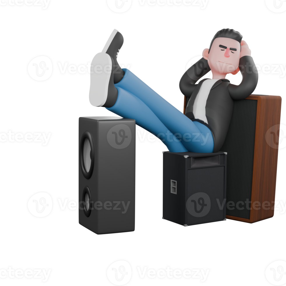 3D Musician Model. A male musician is sitting asleep with his palms as a cushion and his straight legs stacked on top of several rows of loudspeakers. Animated Style png