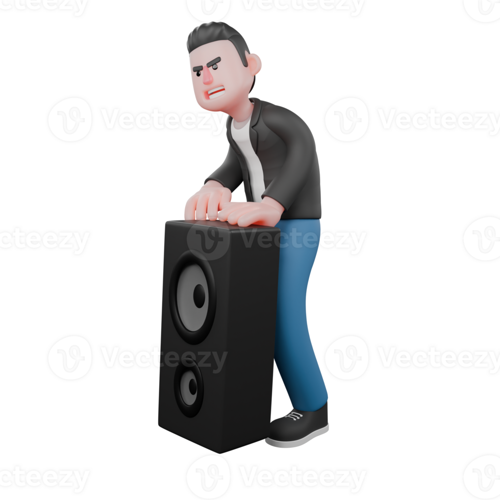 3D Model of Singing Musician. A Male Musician is standing behind a loudspeaker, hands on the loudspeaker with an angry expression. Cartoon Performer png
