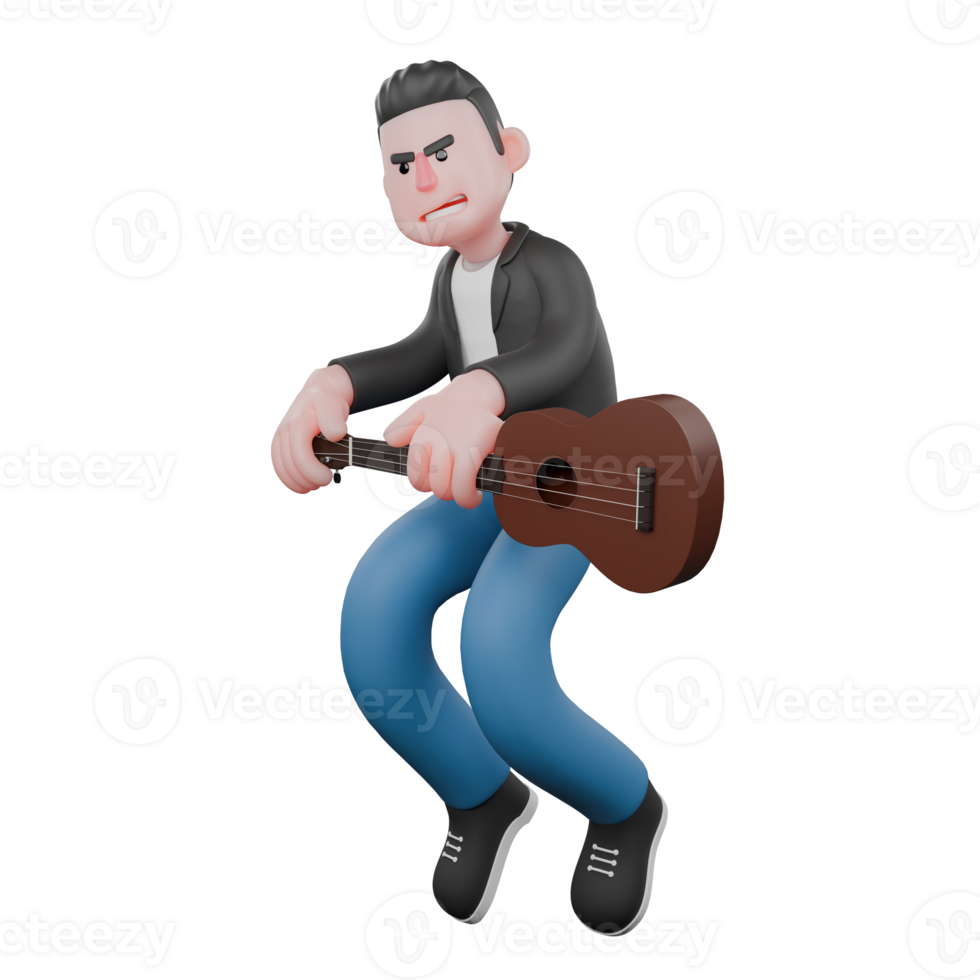 3D Music Character Illustration. A Male Musician is jumping on his tiptoes, with both hands holding a guitar in front of his body with a sly expression. Animation Style png
