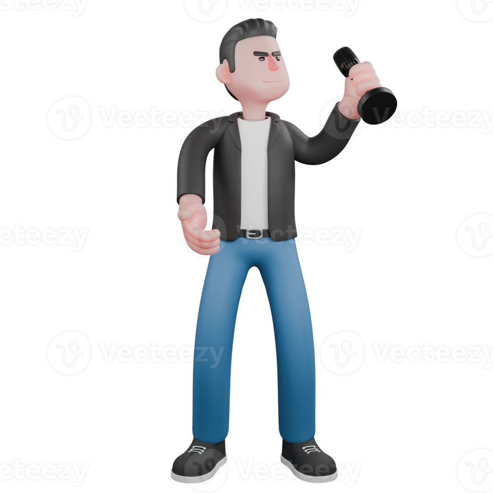3D Musician Model. A male musician is standing looking to the left while his left hand is lifting the microphone up. Vocalist Design png