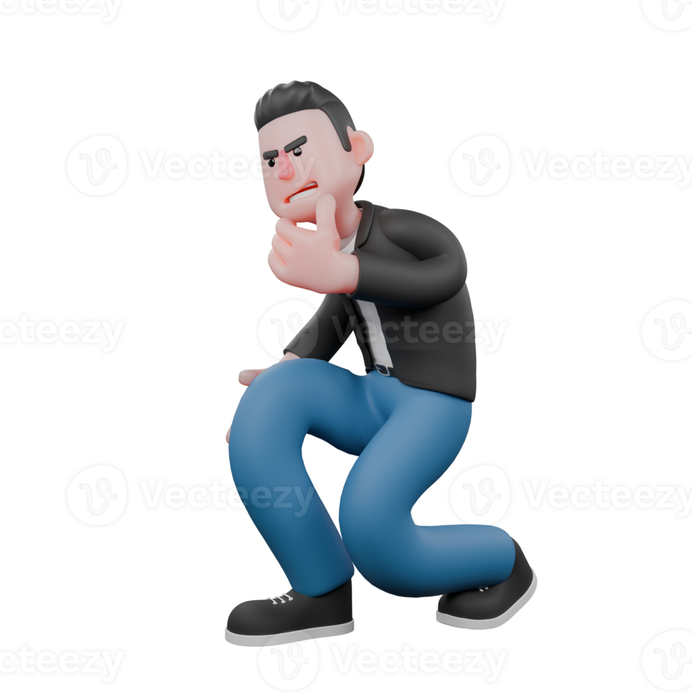 Cartoon Music Star Character. A Male Musician is squatting with his hands on his chin while smiling slyly. Vocalist Model png