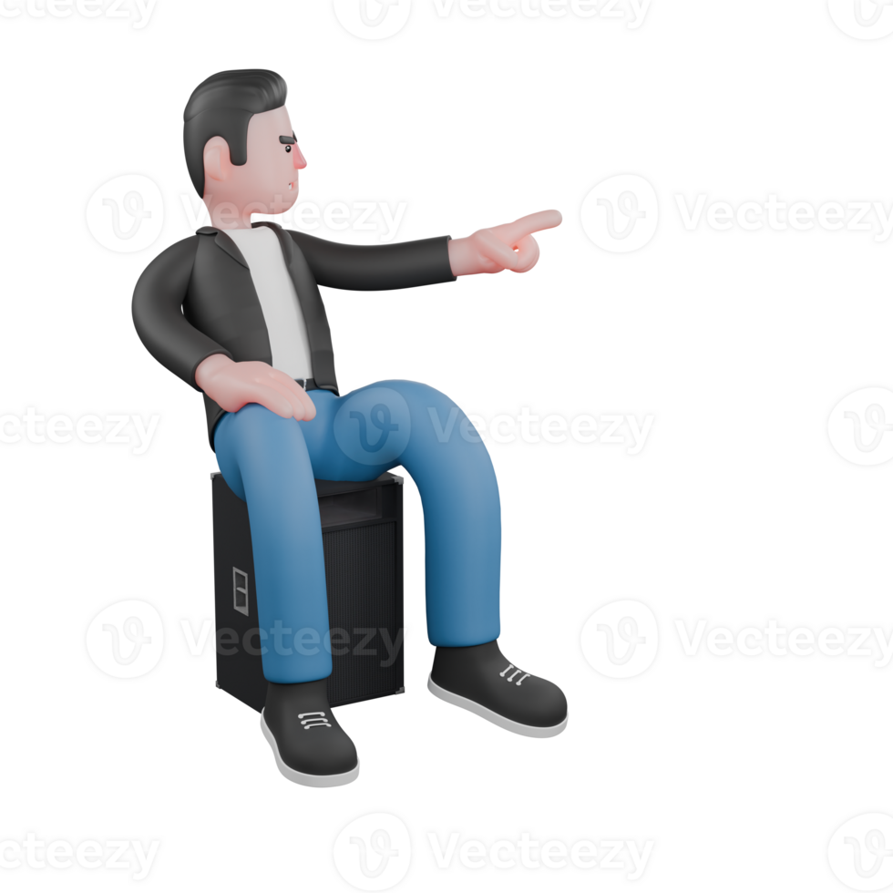 Illustrated Musician Character in 3D. A male musician is sitting on a loudspeaker facing left and his left hand pointing forward. 3D Music Performer png