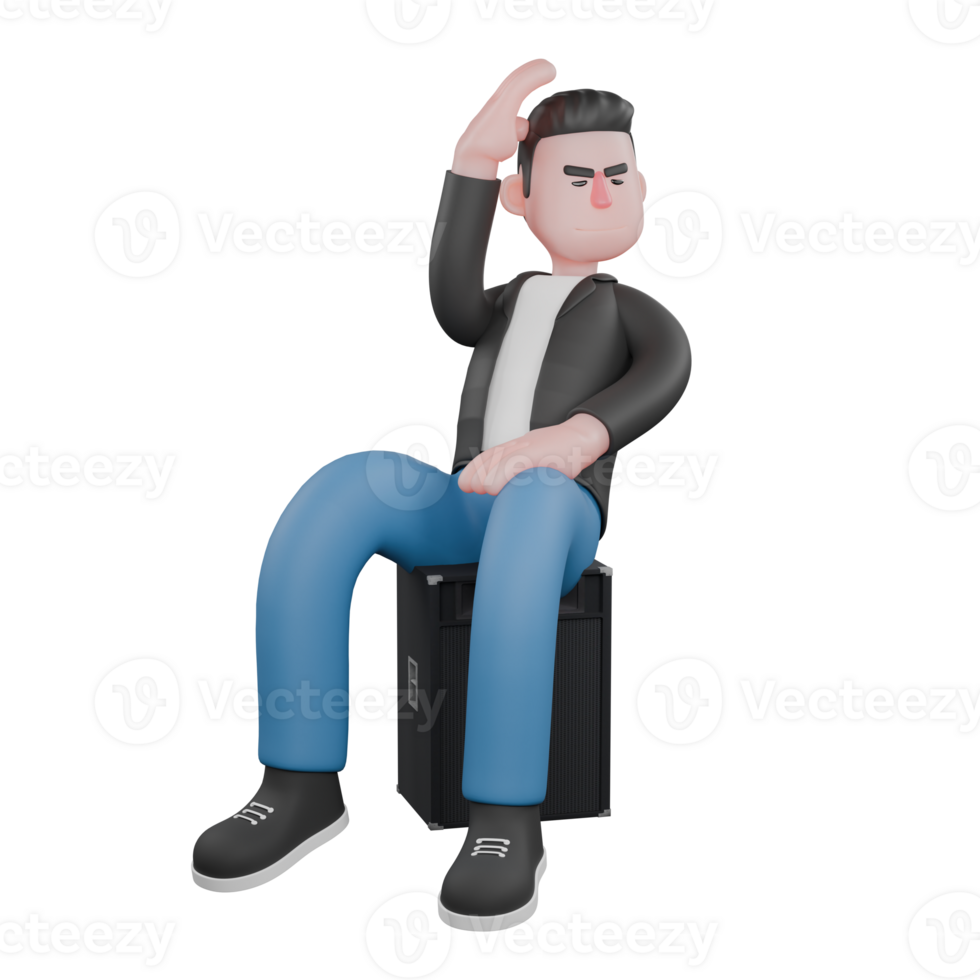 Cartoon Music Performer Model. A male musician is sitting on a loudspeaker looking to the left while his right hand is touching his hair and his left hand is on his thigh. Vocalist Design png
