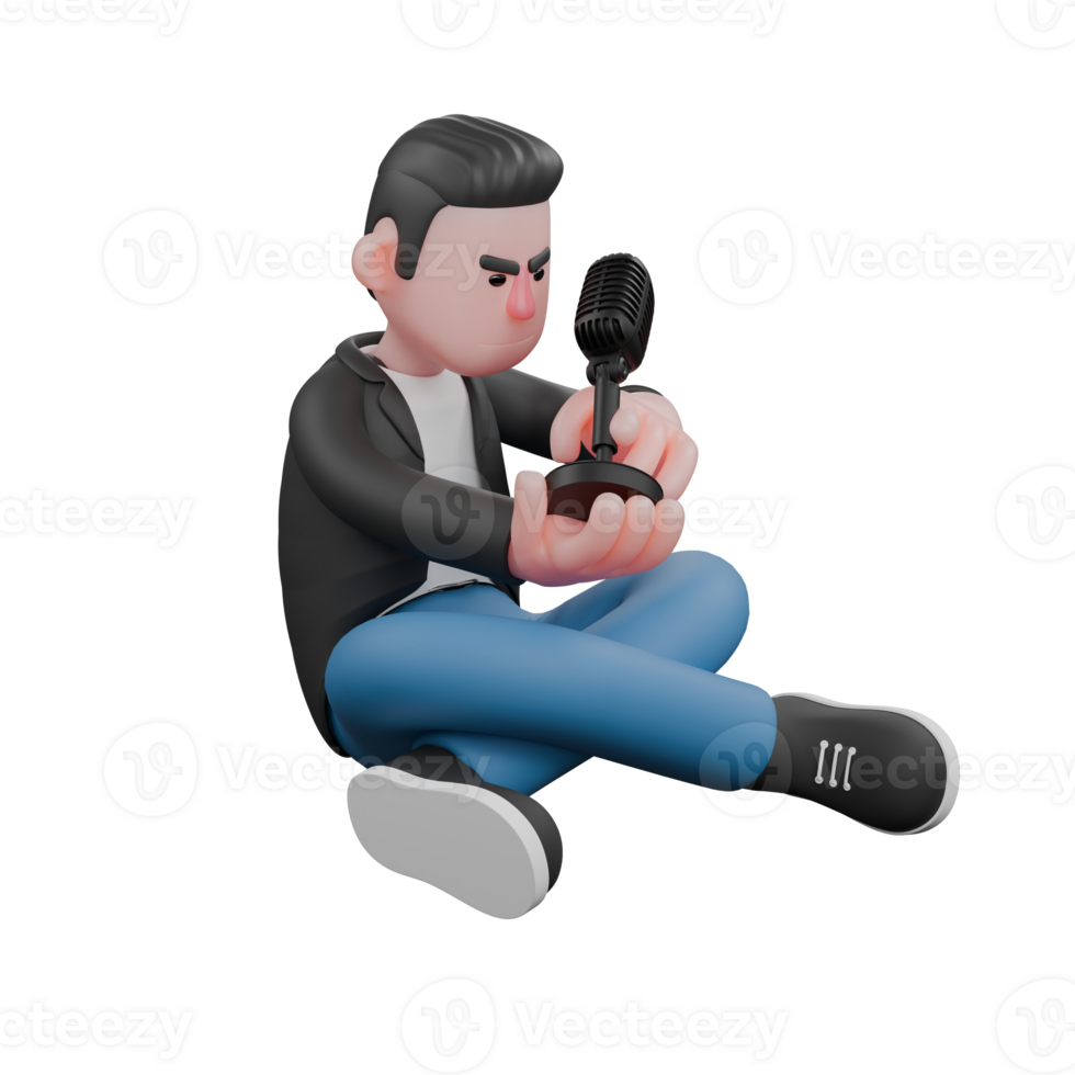 Singing Musician in 3D. A male musician is sitting on the floor with his left leg bent under his right leg while looking at a microphone he is holding. Vocalist png