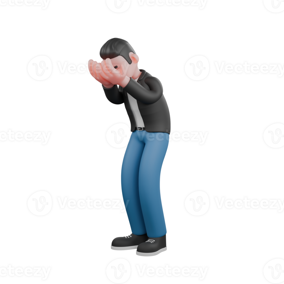 Singing Musician in 3D. A male musician is standing slightly bent while his palms are washing his face. Singing Performer png