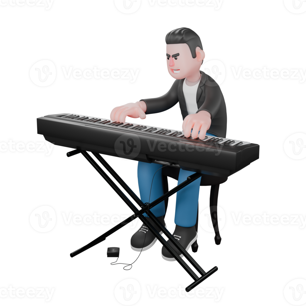 Singing Musician in 3D. A male musician is sitting on a chair while playing the piano with both hands. Vocal Talent png