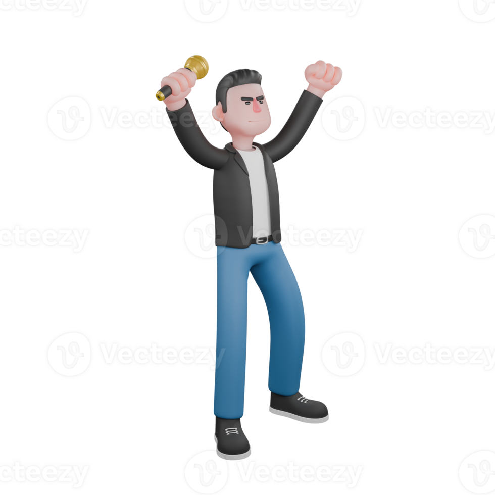 Cartoon Music Artist in 3D. A male musician is standing with his right hand lifting the microphone and his left hand raised while holding. 3D Music Performer png