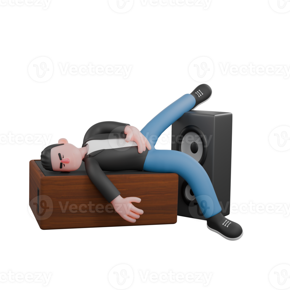 A male musician is sleeping on his right side on two rows of loudspeakers with his right foot on the loudspeaker and his left foot and left hand slipping down and his right hand on his stomach. png