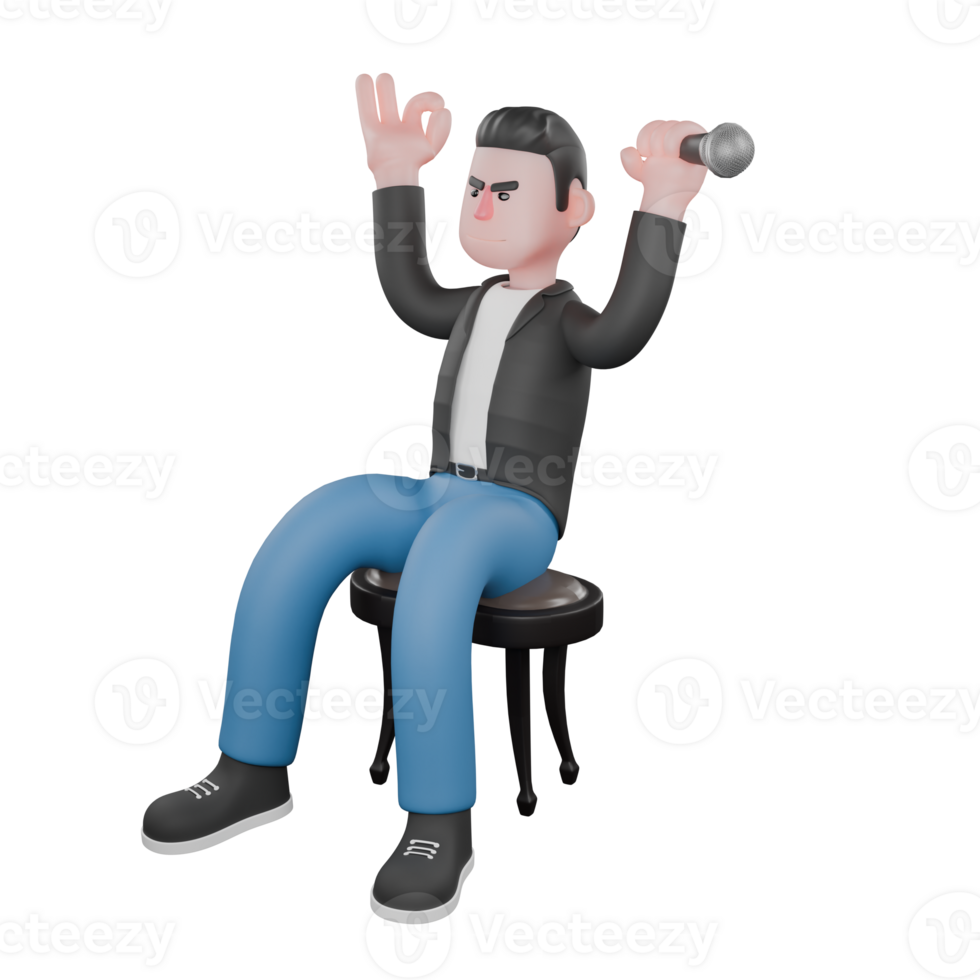 Illustrated Musician Character in 3D. A male musician is sitting on a chair with his left hand lifting the microphone and his right hand raised giving the OK finger symbol. Cartoon Performer png