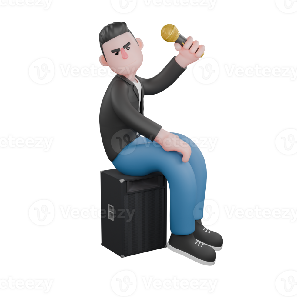 Cartoon Music Performer Model. A male musician is sitting looking to the right on a loudspeaker with his body position facing left while his left hand is lifting the microphone. 3D Music Performer png