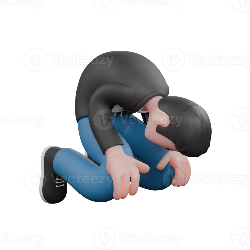Cartoon Musician in 3D. A male musician is kneeling on the floor with both hands holding his knees. Animated Style png