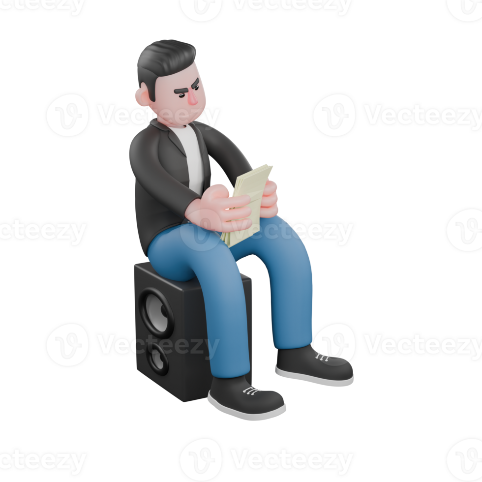 Illustrated 3D Music Character. A male musician is sitting on a loudspeaker while reading the writing on the paper he is holding. Vocalist Design png