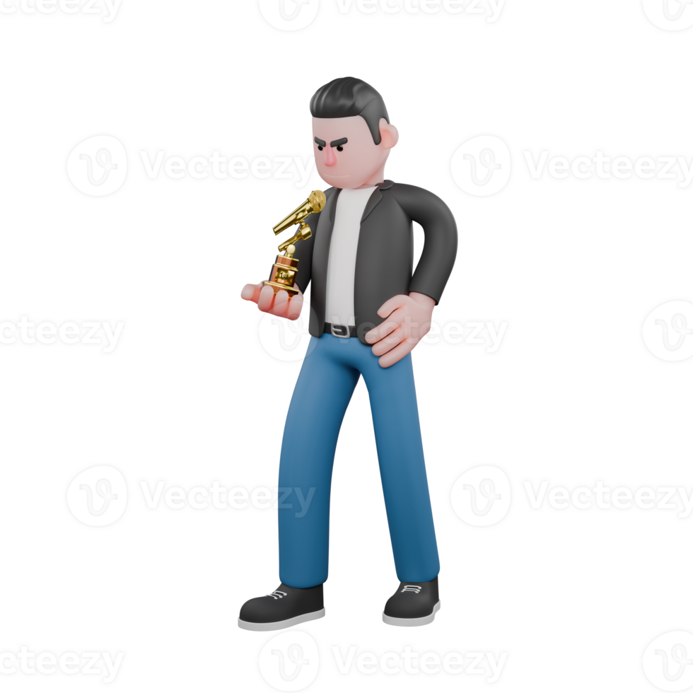 Singing Musician in 3D. a male musician is standing facing right looking down observing the trophy in his right hand and his left hand on his waist. Singing Talent png