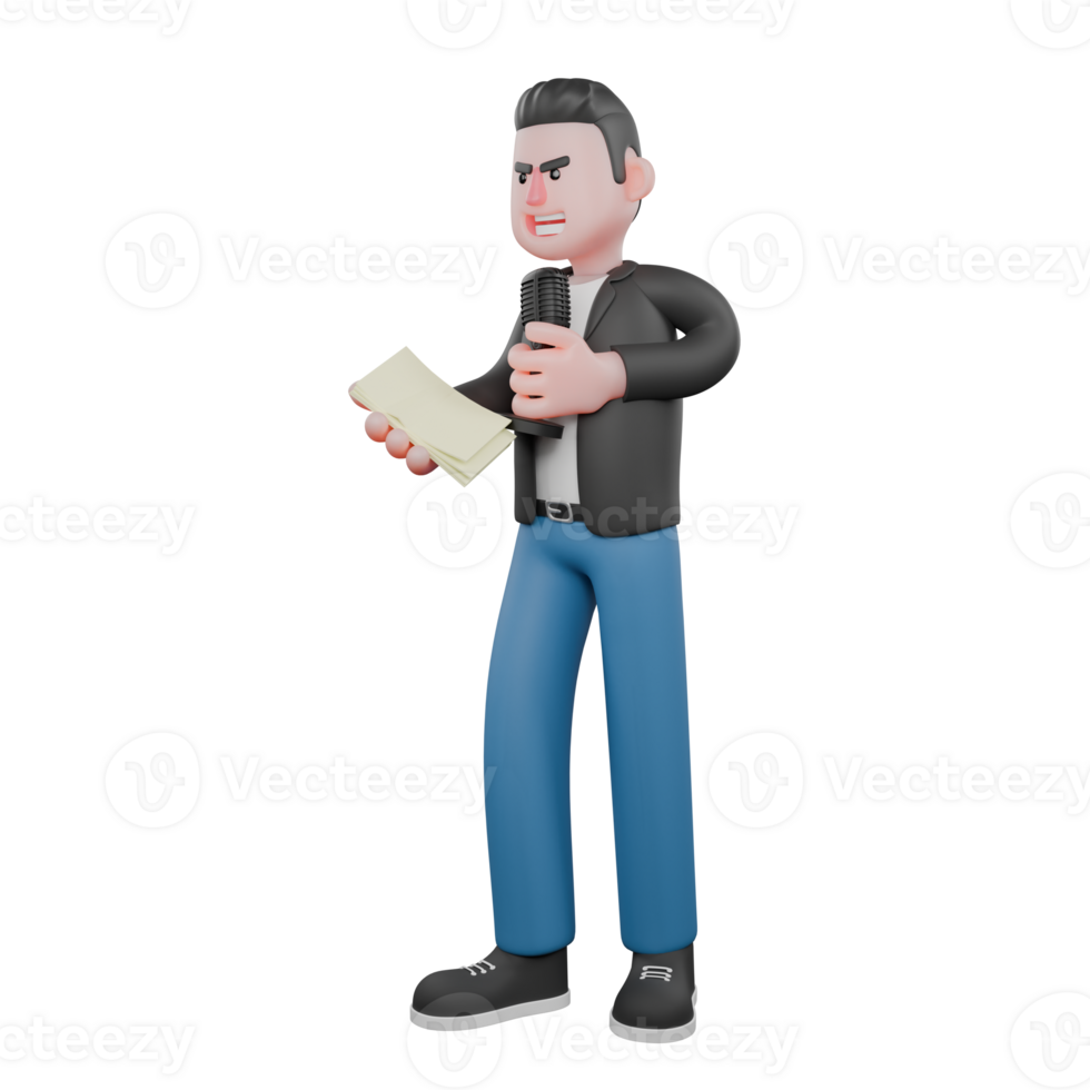 Music Star Character in 3D. A male musician stands holding microphone and paper in hand with angry expression. Cartoon Performer png