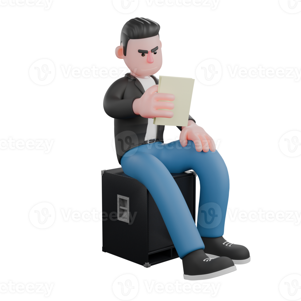 Singing Talent. a male musician is sitting on the loudspeaker facing left while reading the writing on the paper that is held in the right hand and his left hand is on his thigh. 3D Music Performer png