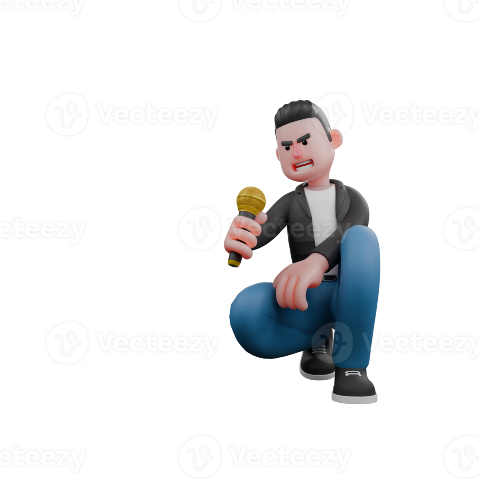 Animated Music Performer in 3D. A male musician crouches while looking at the microphone held by his right hand. Singing Talent png