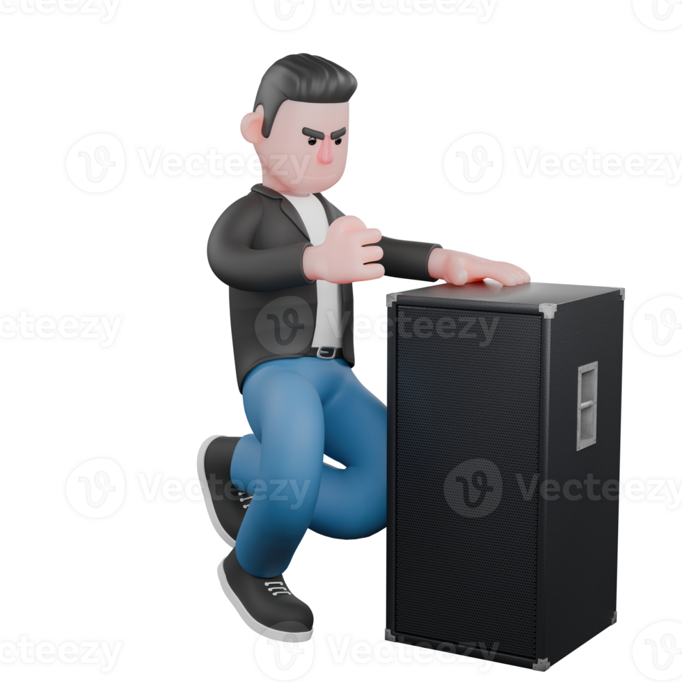 Cartoon Musician in 3D. A male musician is sitting squatting and his left hand is touching the loudspeaker in front of him. 3D Music Performer png