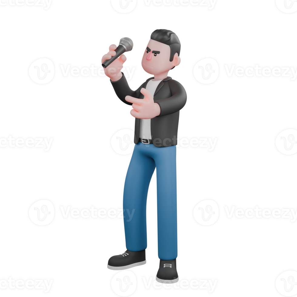 Singing Musician in 3D. a male musician is standing facing right while his right hand is lifting a microphone and his left hand is pointing forward. Vocal Talent png