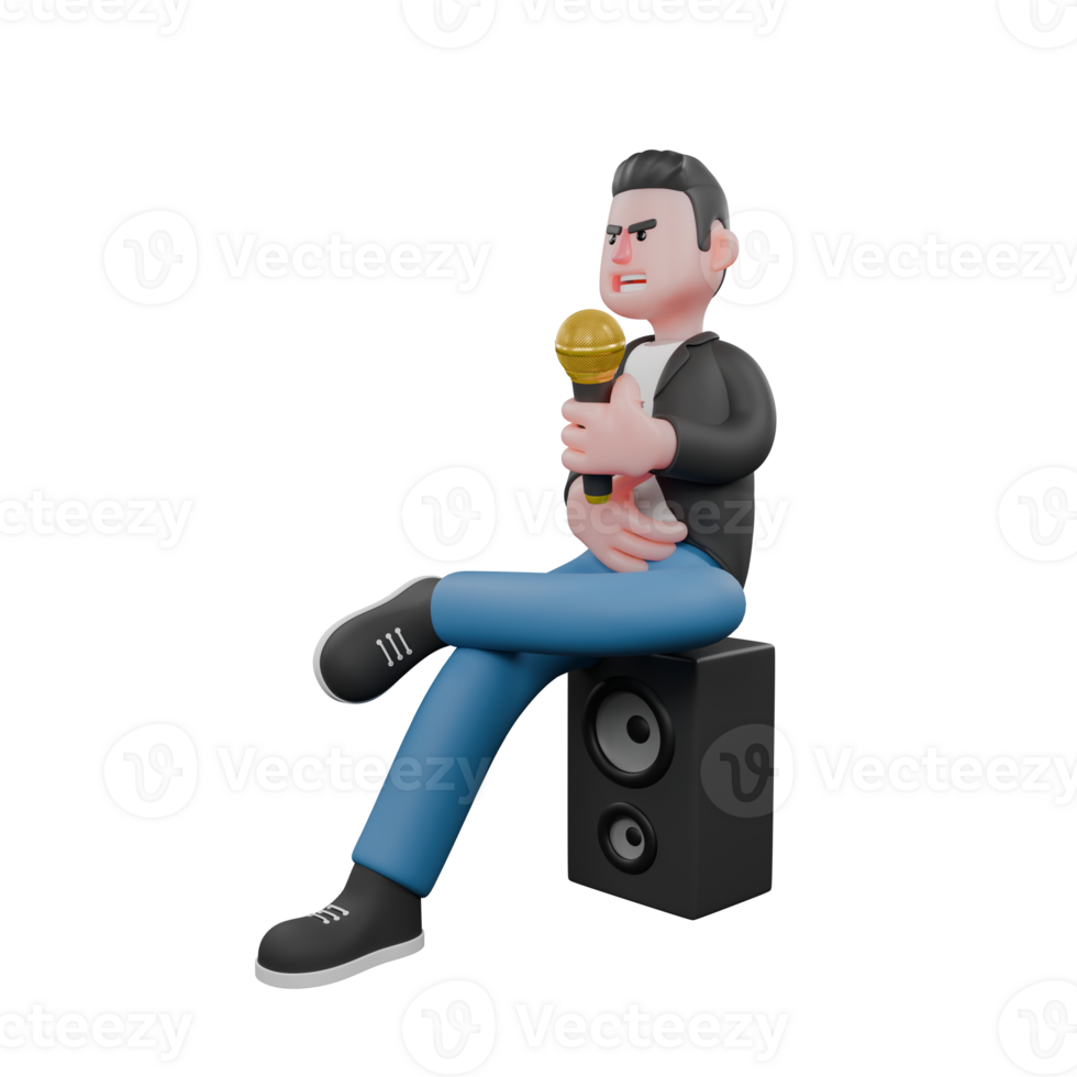 3D Model of Singing Musician. A male musician sitting at the loudspeaker with his left leg bent over his right leg, while his right hand is holding a microphone. Cartoon Performer png