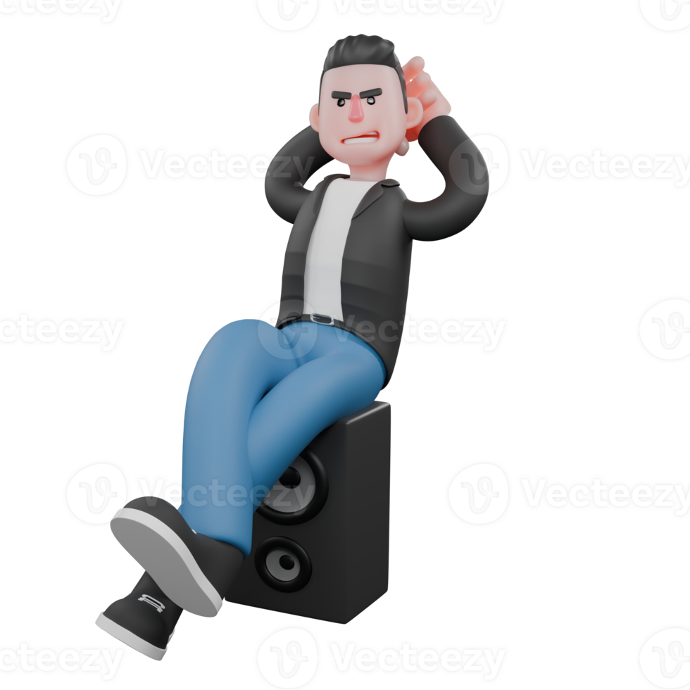 3D Illustrated Music Star. A male musician relaxes on a speaker with his legs crossed while his hands are behind his head. Singing Talent png
