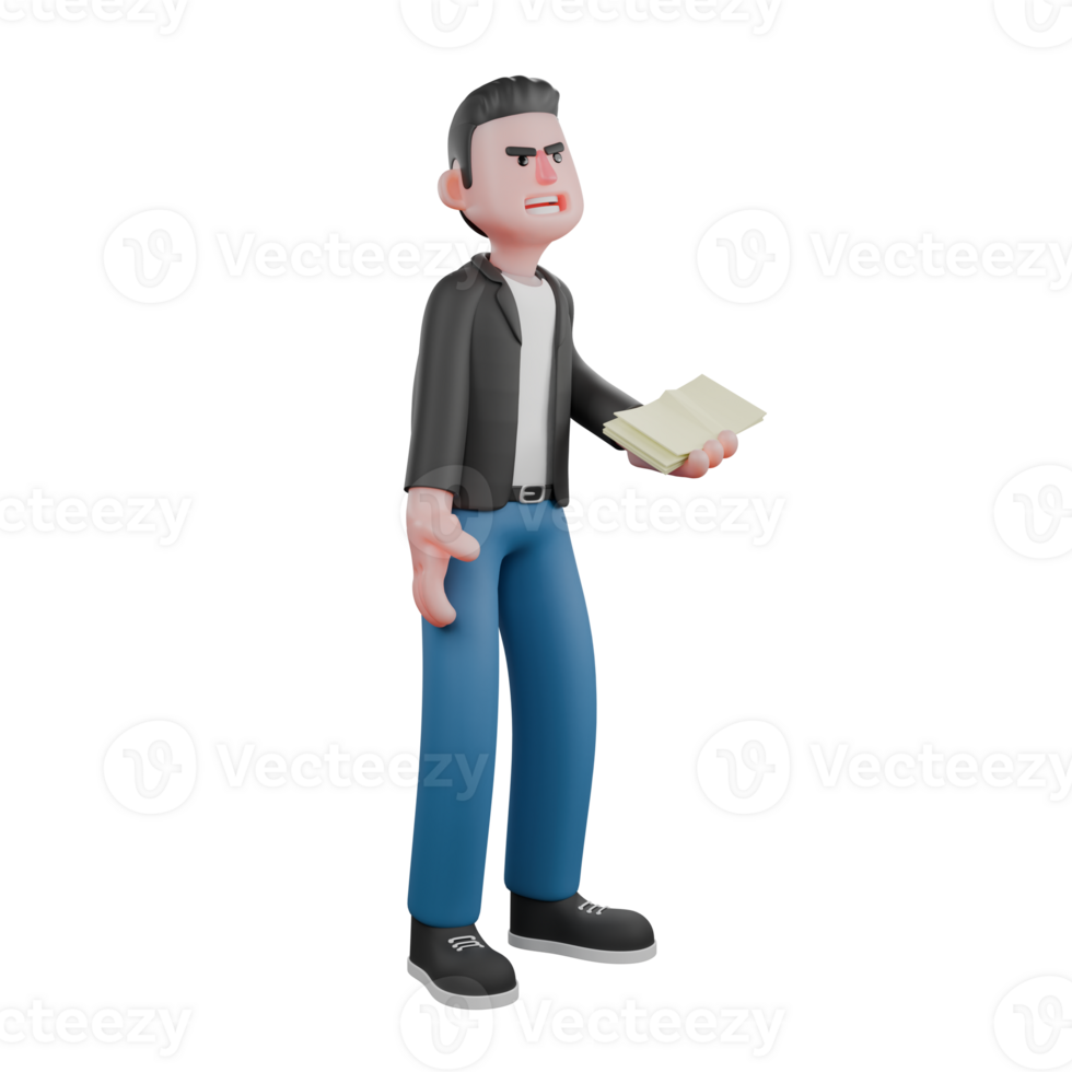 3D Music Star Character Model. A male musician stands holding paper in hand with tired expression. Cartoon Performer png