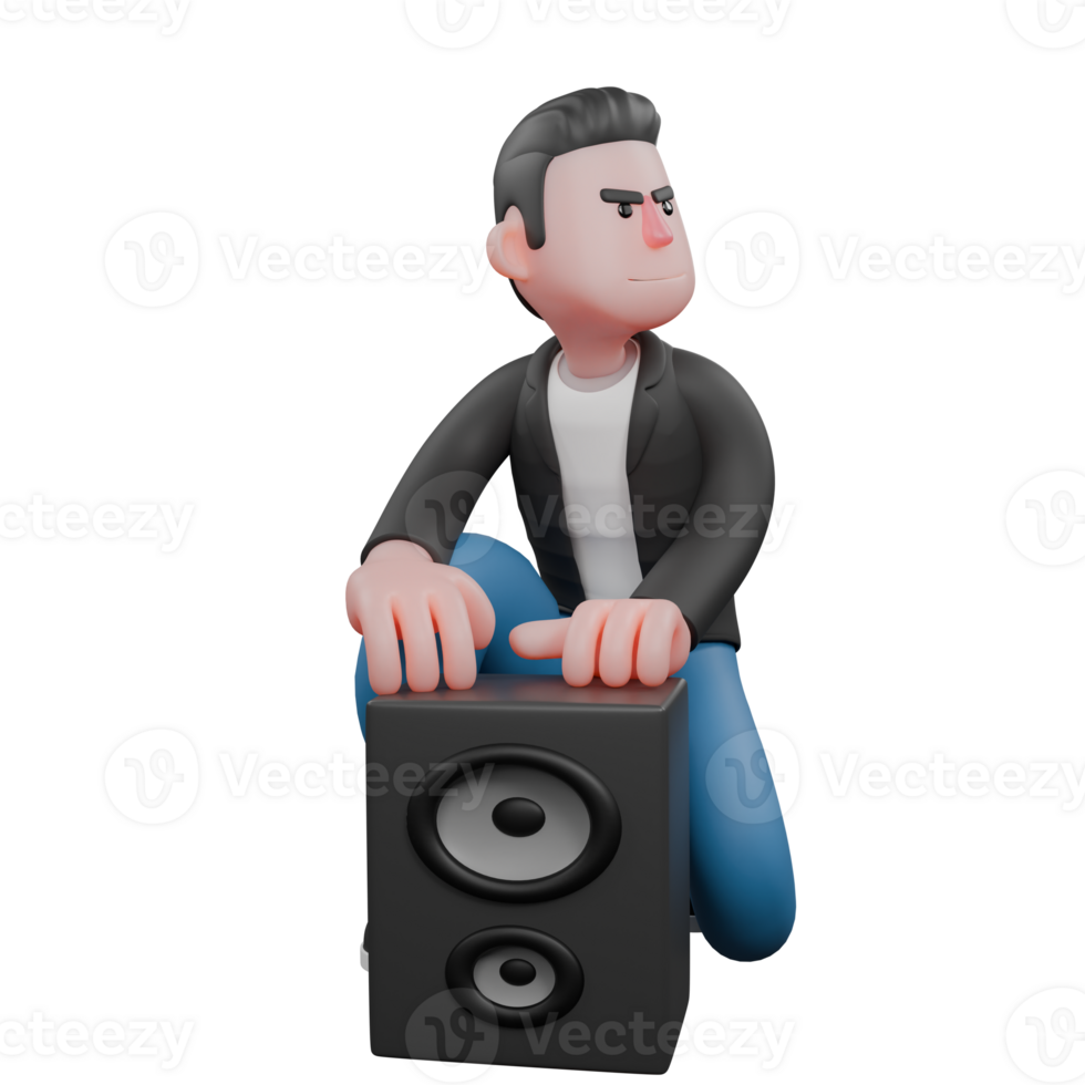 3D Character of Music Artist. A male musician crouches while looking to the left and both hands are on the loudspeaker. Vocal Performer png