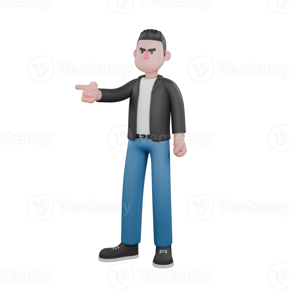 3D Musician Model. A male musician is standing facing to the right side with his right hand pointing forward then the left hand is perpendicular down and holding. 3D Music Performer png