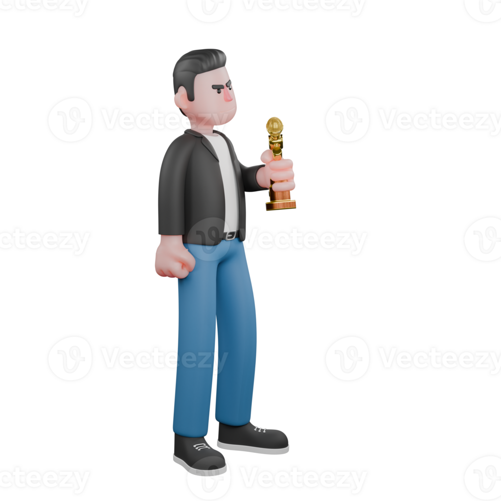 Cartoon Musician in 3D. a male musician is standing facing left with his left hand carrying a trophy and his right hand is holding. Singing Talent png