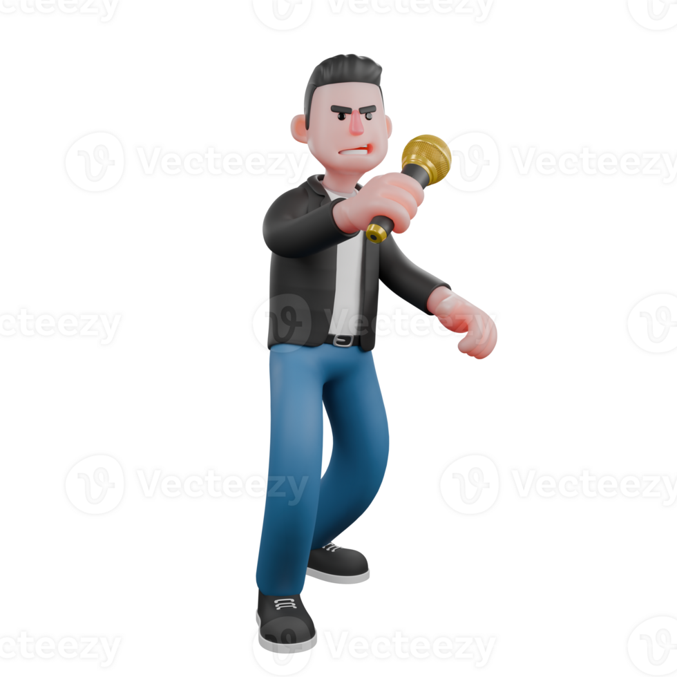 3D Musician in Cartoon Style. A male musician stands while his right hand holds a microphone. Animated Style png