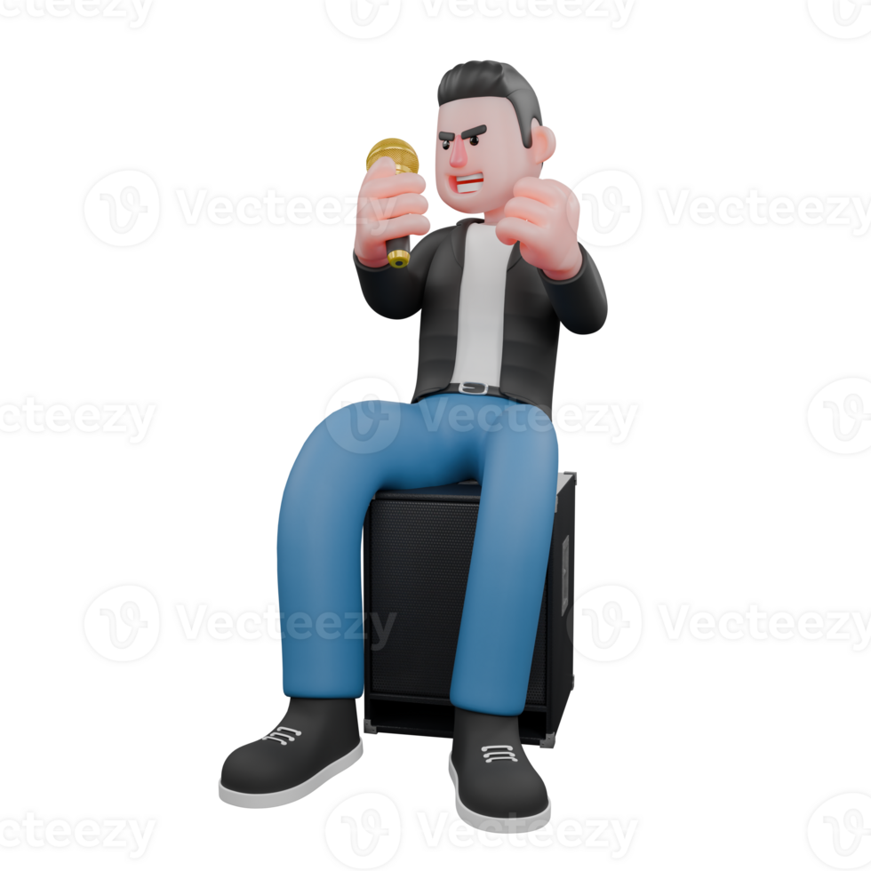 3D Model of Cartoon. A male musician is sitting on a loudspeaker with his right hand holding a microphone and his left hand holding it, all his hands are raised to his chest. Vocal Artist png