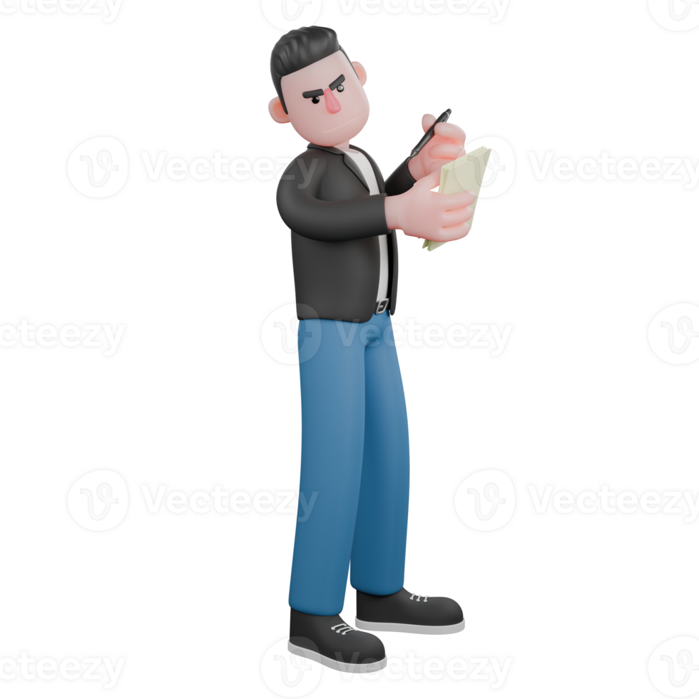 Singing Musician in 3D. A male musician is standing facing left while his right hand is holding a paper and his left is holding a pen as if he wants to write. 3D Music Performer png