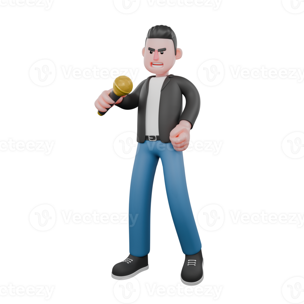 Cartoon Music Artist in 3D. A male musician is standing while his right hand is holding a microphone. Vocal Performer png