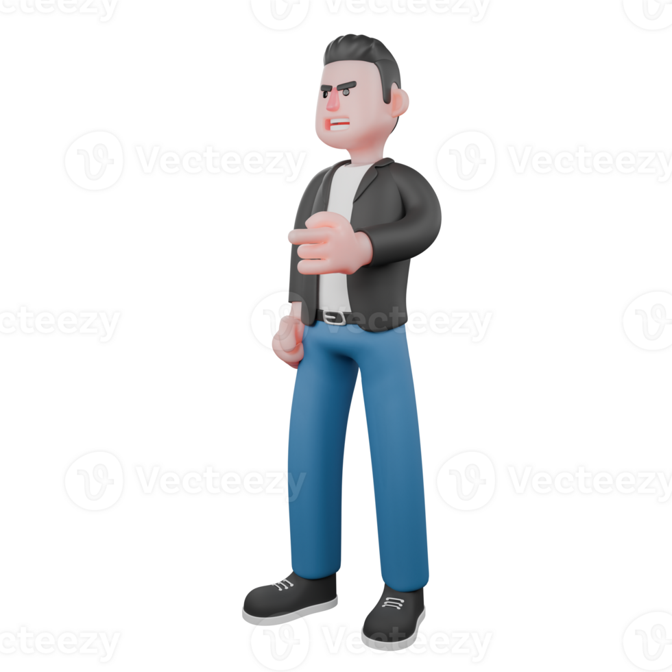 Illustrated 3D Music Performer Character. A male musician is standing facing to the right while his left hand is pointing to the right. Singing Artist png