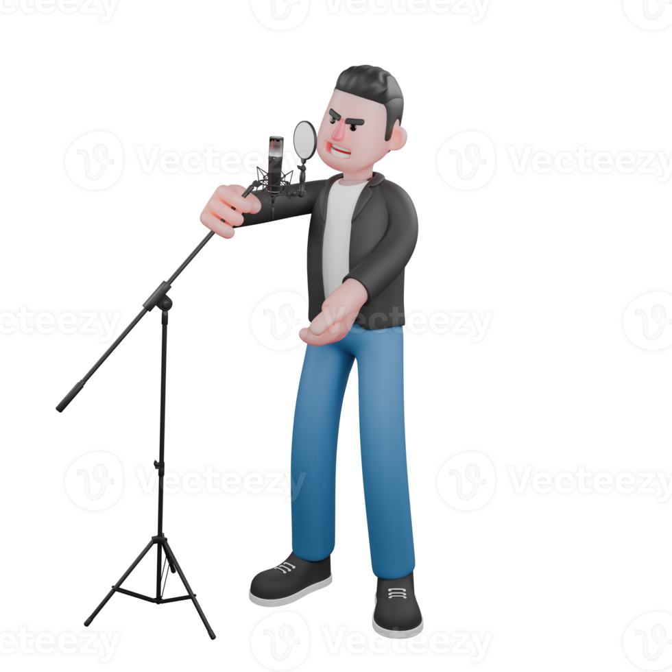 3D Musician Character Design. A male musician is standing with his right hand holding a microphone stand. Singing Talent png