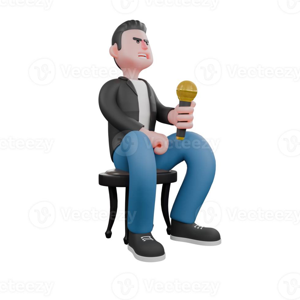 3D Animated Music Performer. A male musician is sitting on a small chair with his face looking up while his right hand is holding a microphone. Vocalist Design png