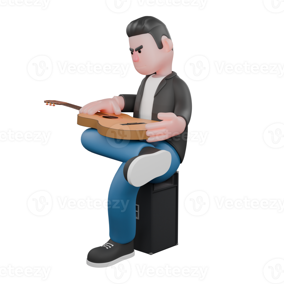 Illustrated 3D Music Character. A male musician is sitting on a loudspeaker and raising his right leg up left foot and both hands touch the guitar that is leaning against his feet. Animated Style png