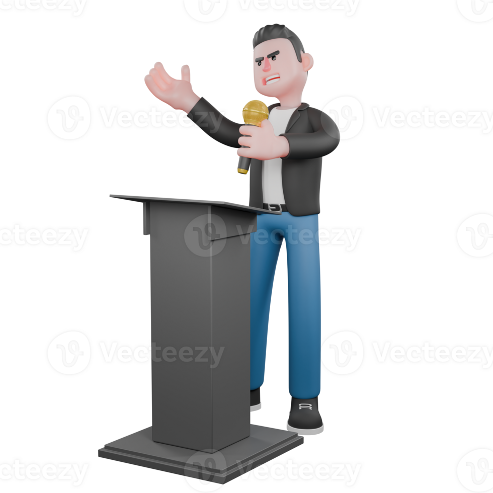 Illustrated 3D Music Character. A male musician is standing behind the podium with his right palm raised upwards and his left hand carrying a microphone. Cartoon Performer png