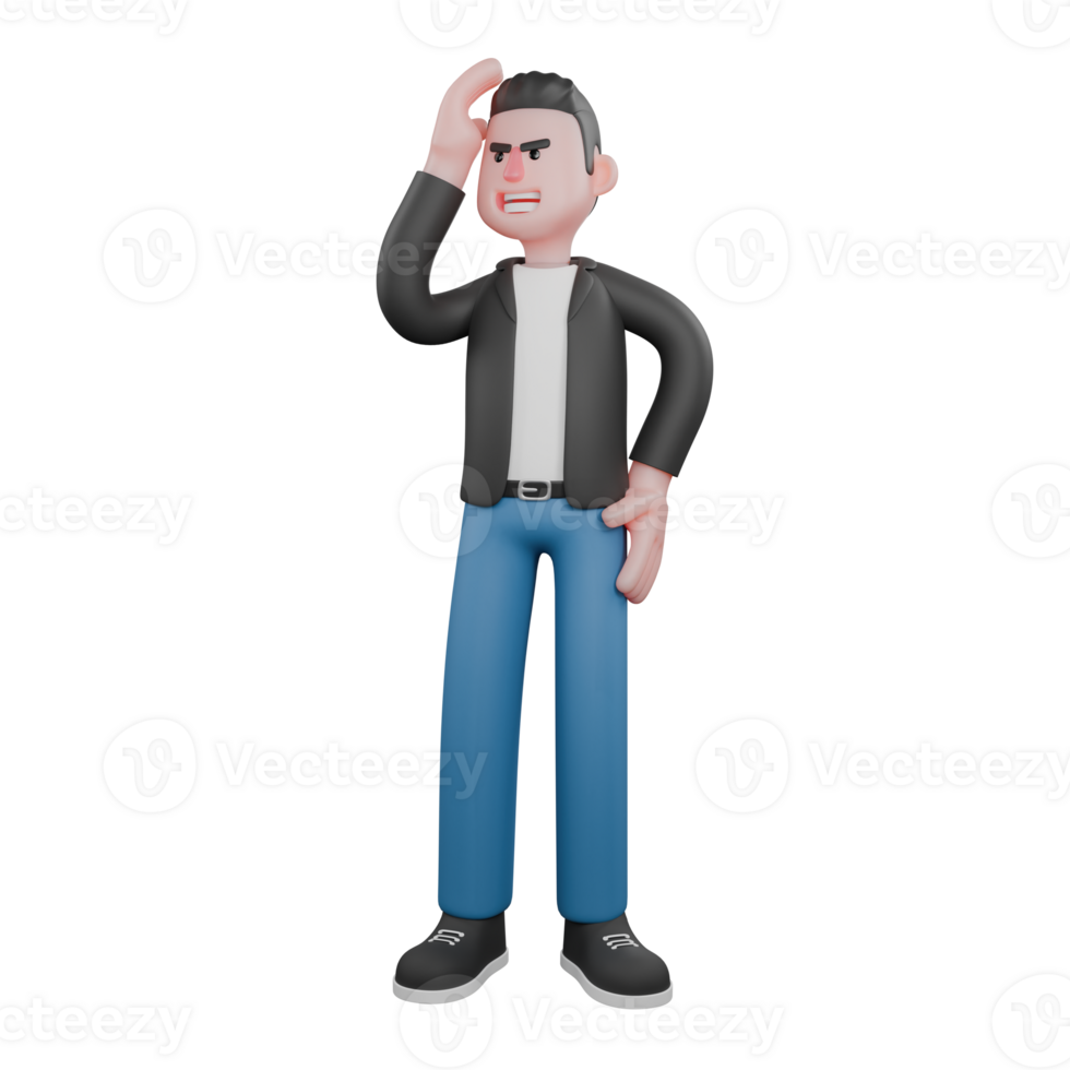 Musician Character in 3D Style. A male musician stands with one hand on his head with a wide smiling expression. Vocal Artist Model png