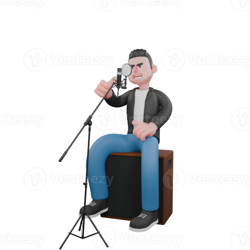 Animated Cartoon Music Performer. A male musician is sitting on a wooden chair with a microphone stand in front of him. Vocalist Model png
