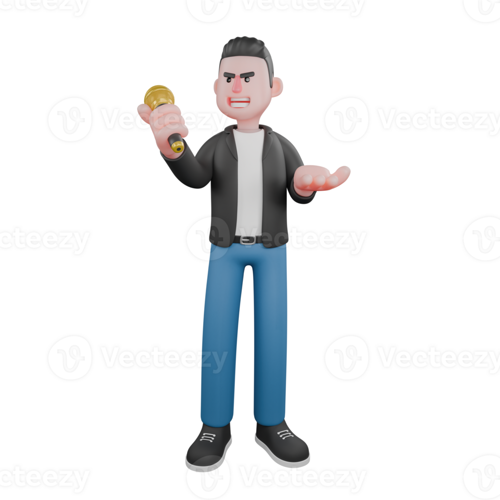 Animated Music Character in 3D. A male musician is standing with his right hand raised carrying a microphone and while extending his left palm forward. Cartoon Vocalist png
