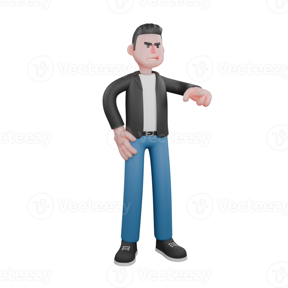 3D Model of Cartoon. A male musician stands with his left hand on his hip and his right hand pointing forward with an angry expression. Animated Style png