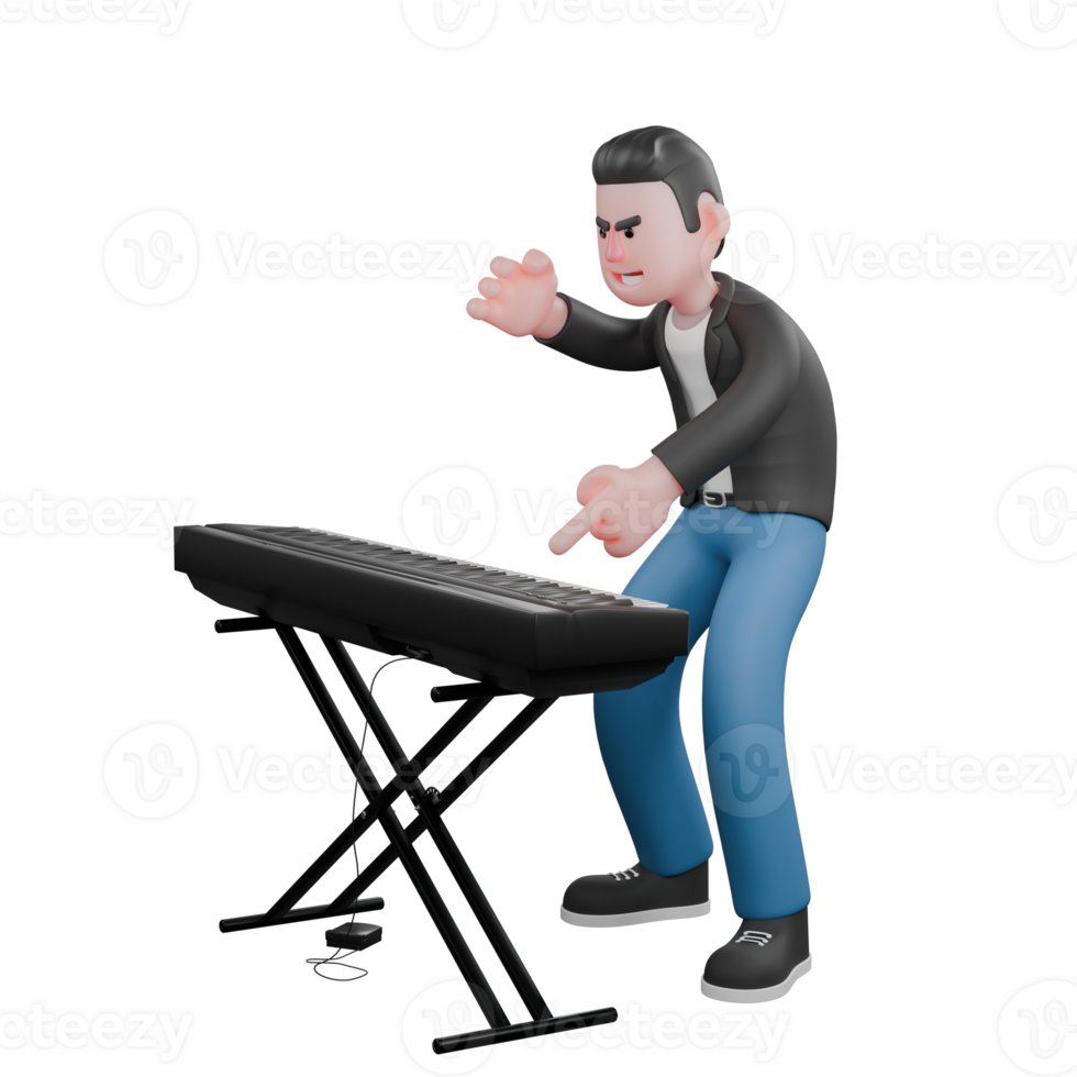 Animated Music Character in 3D. A male musician is standing bent over while his right hand is raised while holding it then his left hand points to the piano in front of him. Singing Talent png