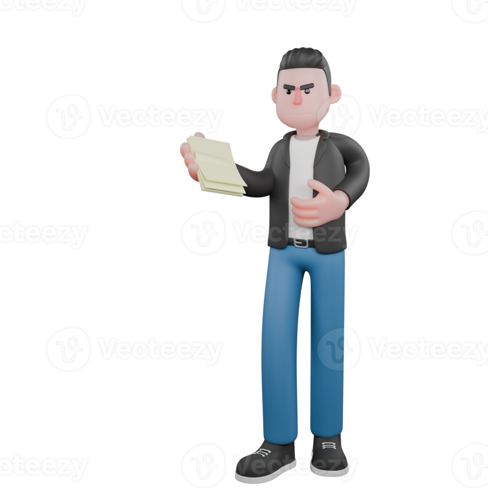 Illustrated Musician in 3D. A male musician stands holding paper in hand with serious expression. 3D Music Performer png