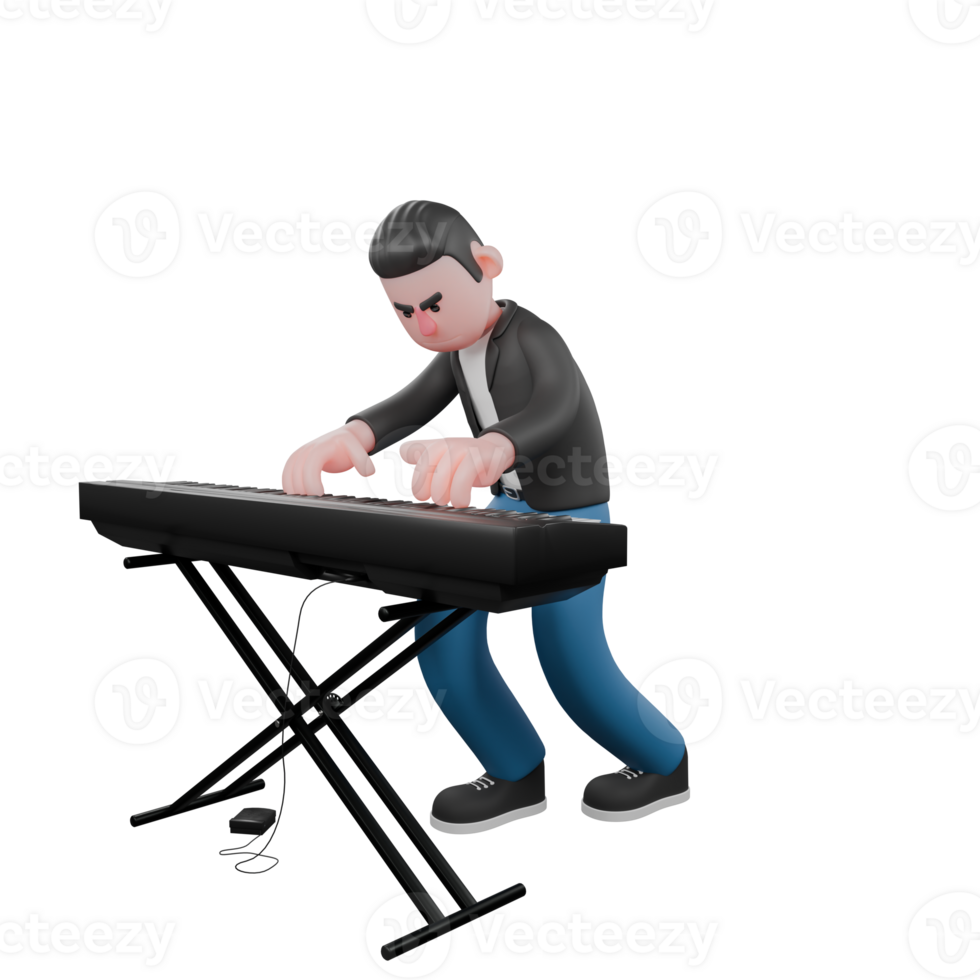 Animated Music Character in 3D. A male musician stands slightly bent while playing an acoustic piano in front of him. Vocalist Model png