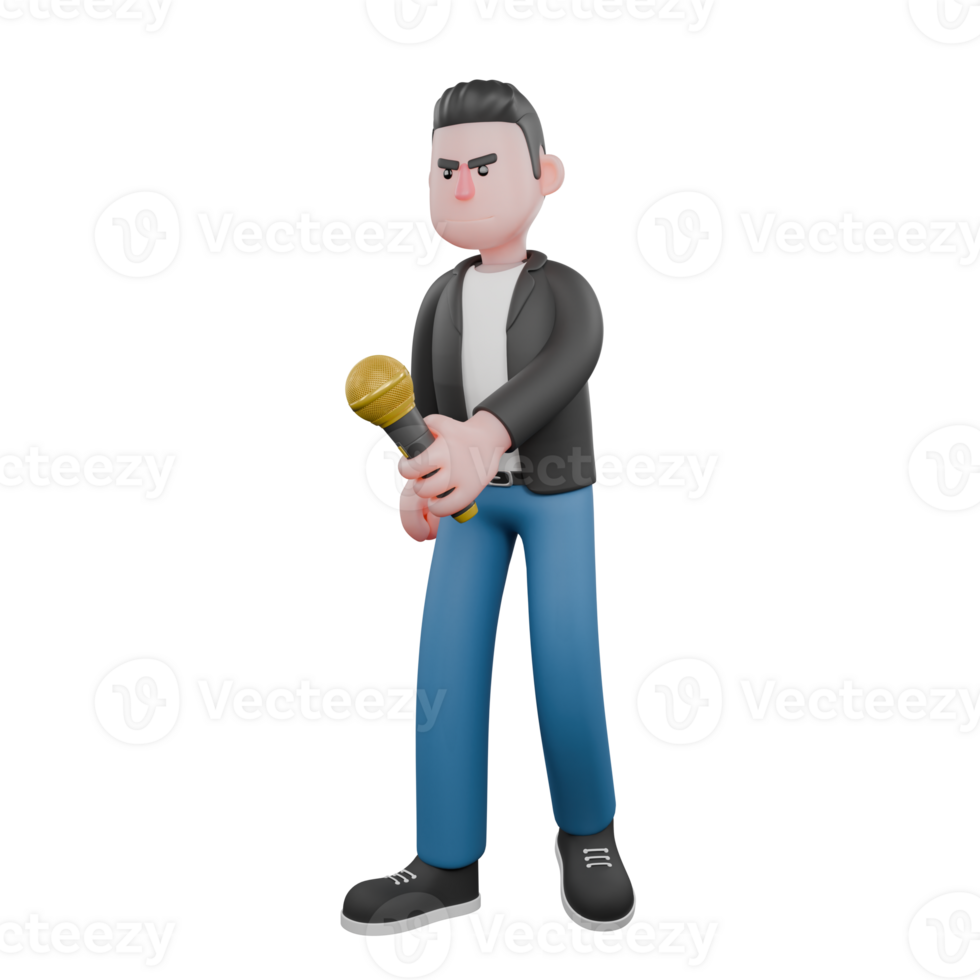 3D Music Star Model. A male musician stands while his left hand is carrying a microphone in front. Cartoon Performer png