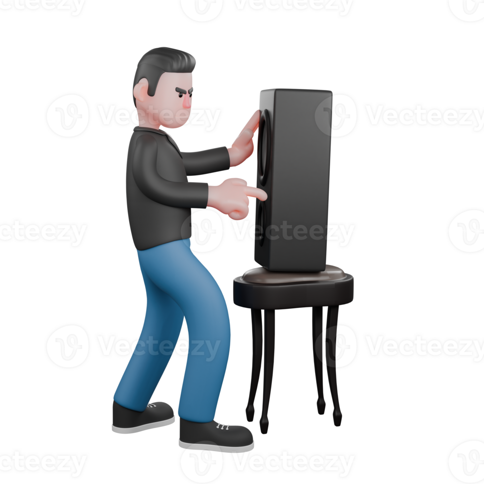 3D Musician Model. a male musician is standing facing left both of his hands touching the loudspeaker in front of him. Animated Style png