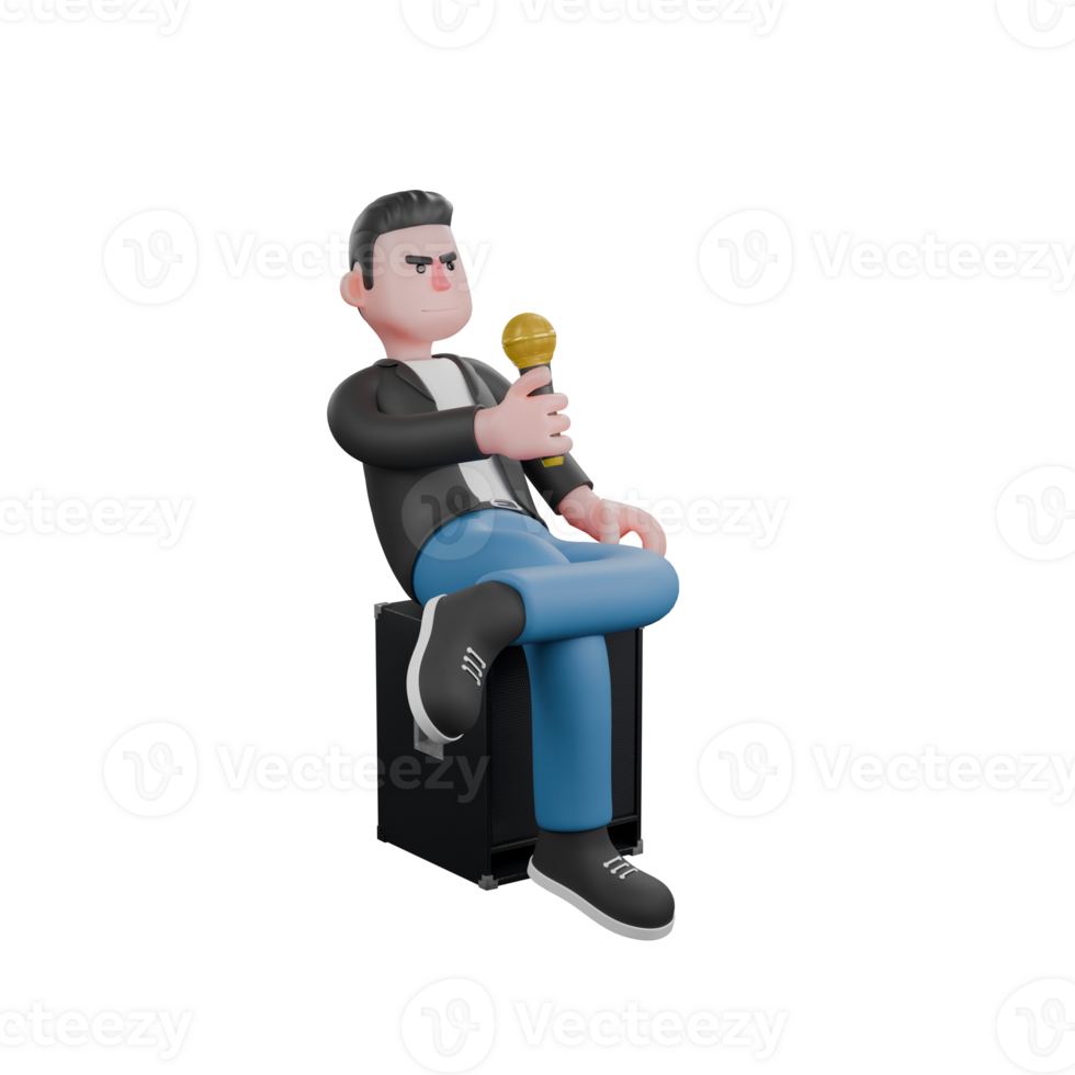 Singing Musician in 3D. A male musician is sitting on a loudspeaker facing left and holding a microphone in his right hand. Animated Style png