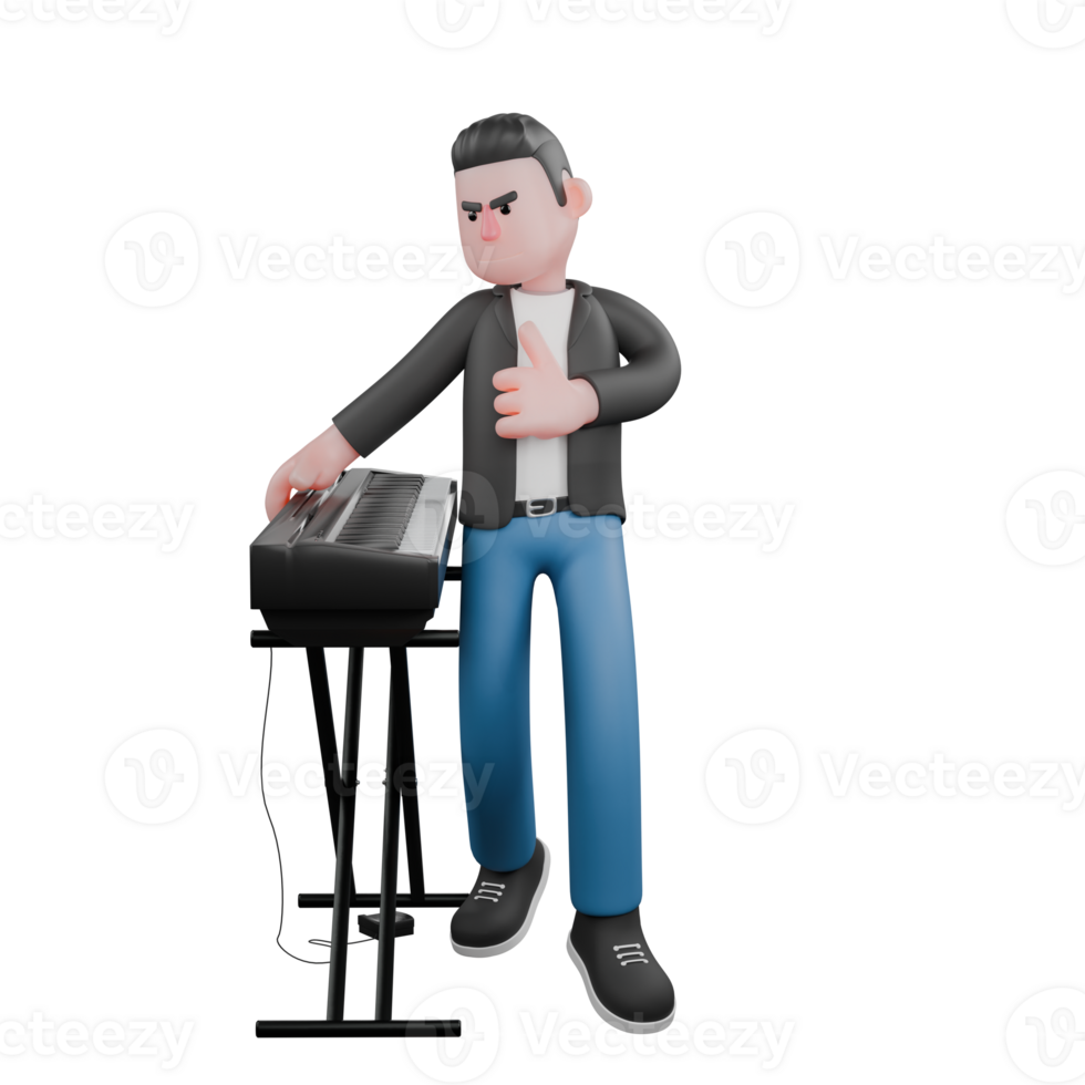 Cartoon Music Artist in 3D. A male musician is standing facing forward looking piano on his right while his right hand holds the piano. Singing Talent png