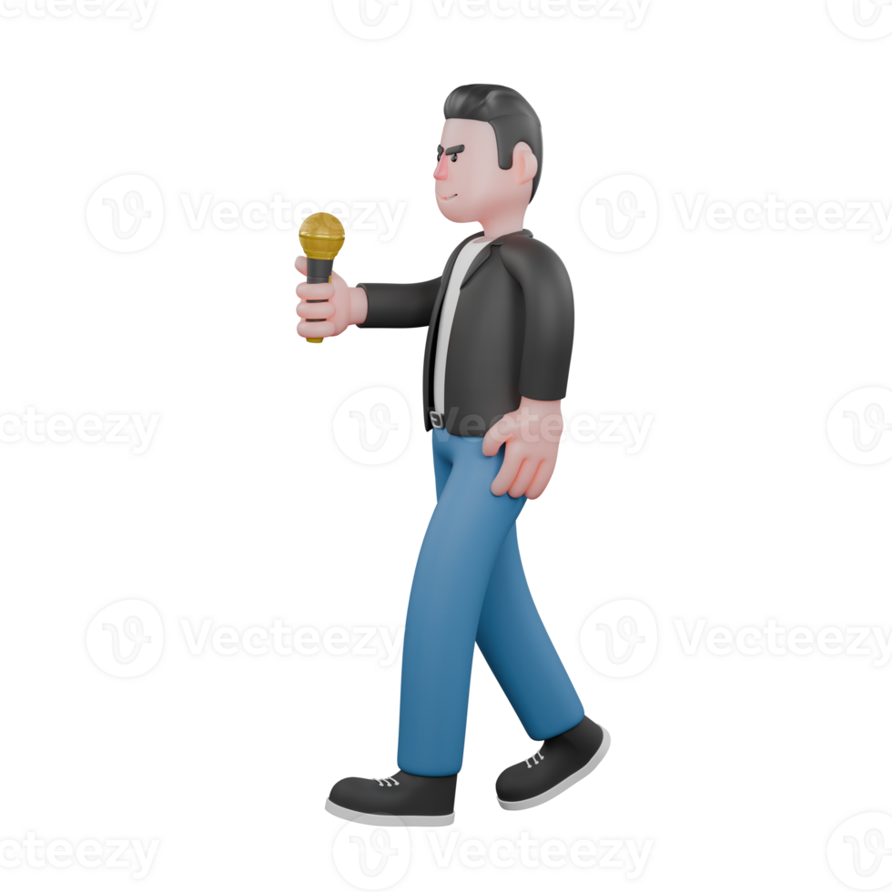 Musician Character in 3D Style.A male musician is walking while lifting the microphone in his right hand to the front. Vocal Talent png