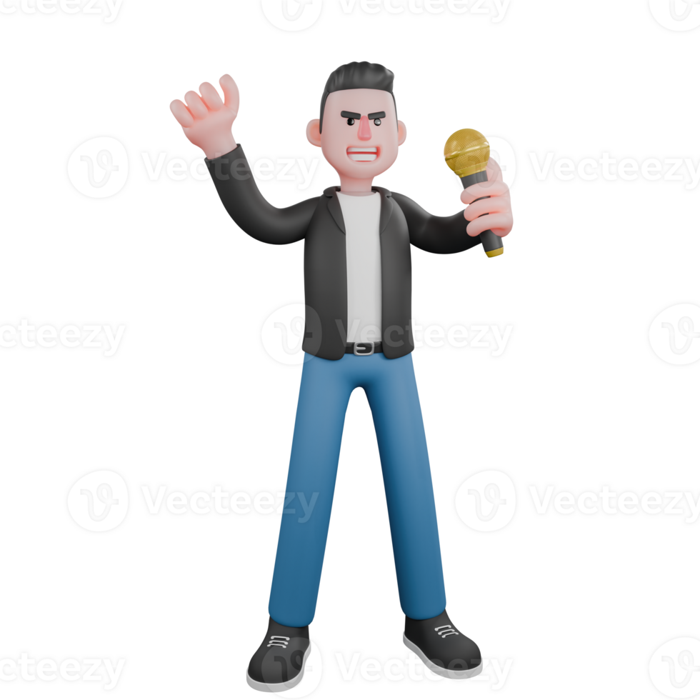 Cartoon Music Character in 3D. A male musician stands with his left hand raised carrying a microphone while his right hand is above. Vocal Performer png